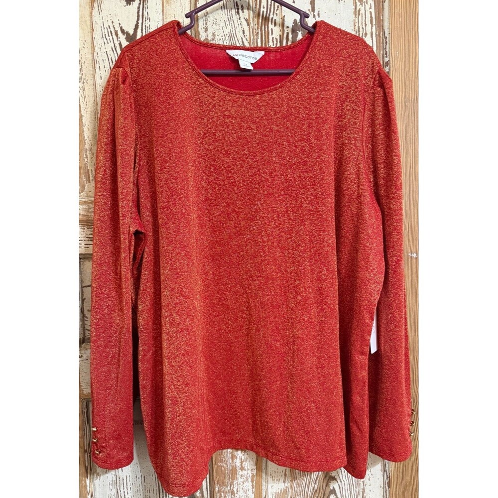 Women’s Liz Claiborne Long Sleeve Metallic Blouse Top - Cabaret Red Gold - 2X